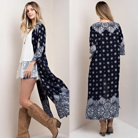 Boho floral print side slit Duster kimono cover up - Picture 2 of 5
